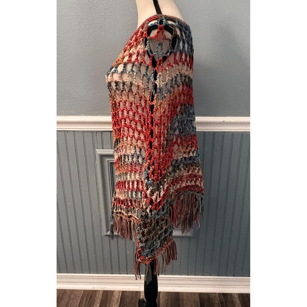 Handmade Crochet Poncho with Fringe | Boho Multicolor Poncho | One of a Kind - Picture 3 of 16